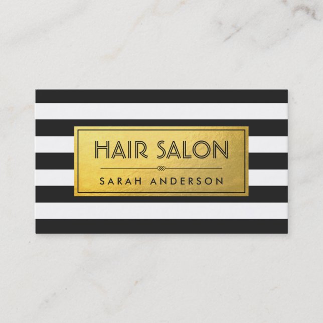 HAIR SALON - Gold Label and Black White Stripes Business Card (Front)