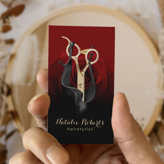 Hair Salon Gold Scissor & Red Rose Modern Stylist Business Card (Creator Uploaded)