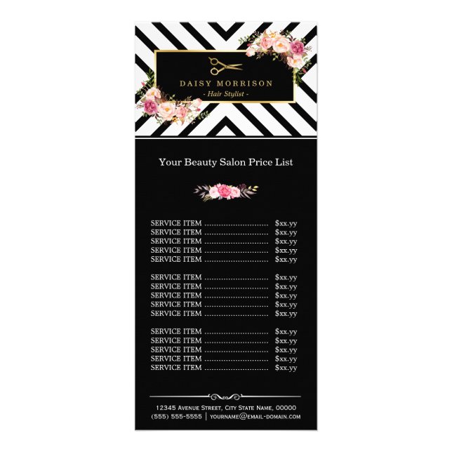Hair Salon Gold Scissors Floral Stripes Price List Rack Card (Front)