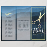 Hair Salon Hairstylist Blue Gold Scissors Tri-Fold<br><div class="desc">Hair Salon / Hairstylist/ Hairdresser / Beauty Salon / Makeup Artists / Stylists / Wedding Planners / event Planners / consultants / boutique owners / fashionistas Personalised Tri-Fold Brochures Template - Modern Faux Gold Scissors on Dark Blue Wave Pattern Grunge Background.</div>