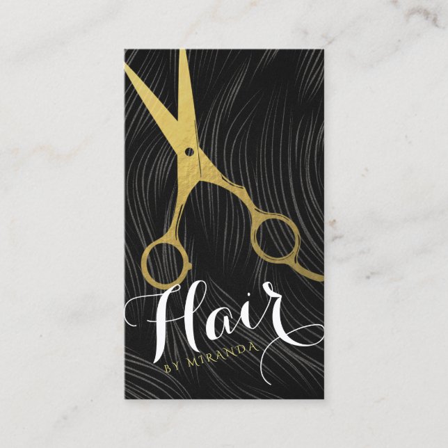 Hair Salon Hairstylist Modern Black Gold Scissors Business Card (Front)