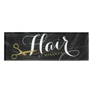 Hair Salon Hairstylist Modern Black Gold Scissors Name Tag