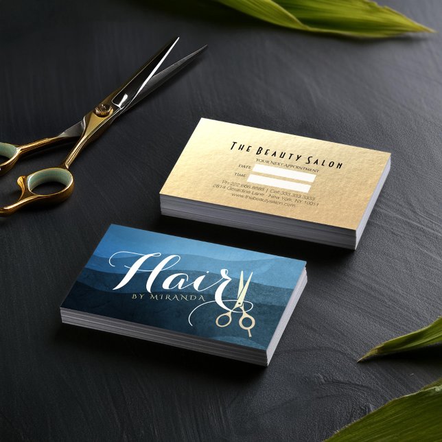 Hair Salon Hairstylist Modern Blue & Gold Scissors Appointment Card (Creator Uploaded)