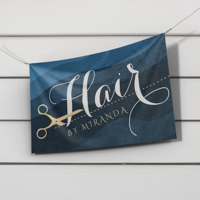 Hair Salon Hairstylist Modern Blue & Gold Scissors Banner (Creator Uploaded)
