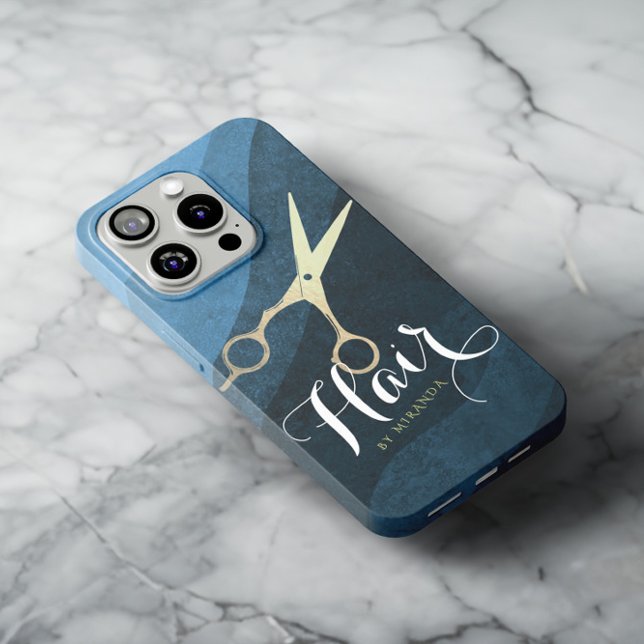 Hair Salon Hairstylist Modern  Blue Gold Scissors Case-Mate iPhone Case (Creator Uploaded)