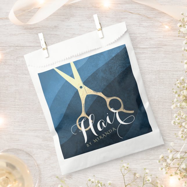 Hair Salon Hairstylist Modern Blue & Gold Scissors Favour Bags (Clipped)