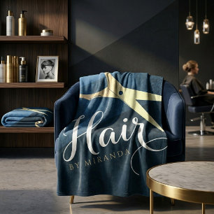 Hair Salon Hairstylist Modern Blue & Gold Scissors Fleece Blanket