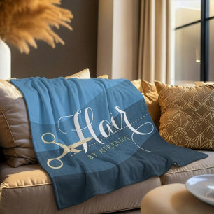Hair Salon Hairstylist Modern Blue & Gold Scissors Fleece Blanket