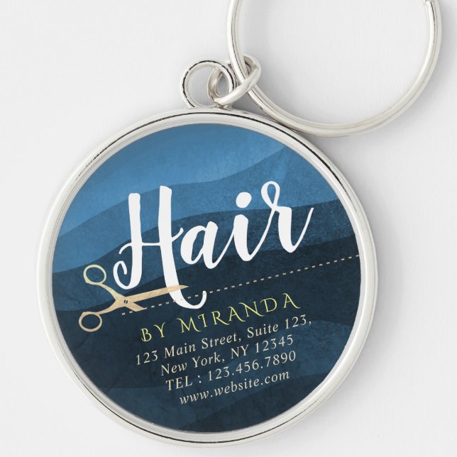 Hair Salon Hairstylist Modern Blue & Gold Scissors Key Ring (Front)