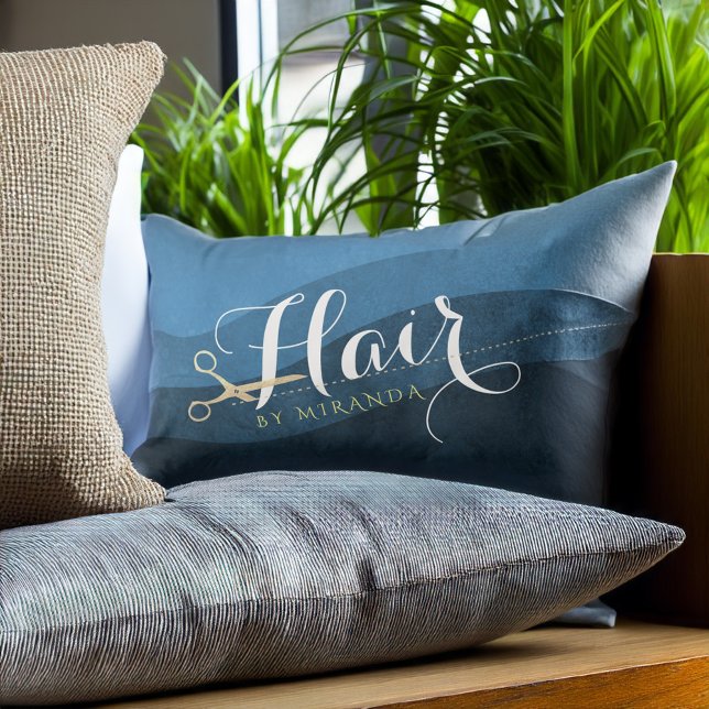 Hair Salon Hairstylist Modern Blue & Gold Scissors Lumbar Cushion (Creator Uploaded)
