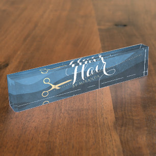 Hair Salon Hairstylist Modern Blue & Gold Scissors Nameplate