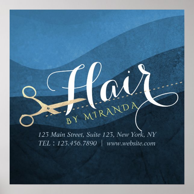Hair Salon Hairstylist Modern Blue & Gold Scissors Poster (Front)