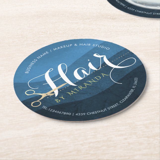 Hair Salon Hairstylist Modern Blue & Gold Scissors Round Paper Coaster (Angled)