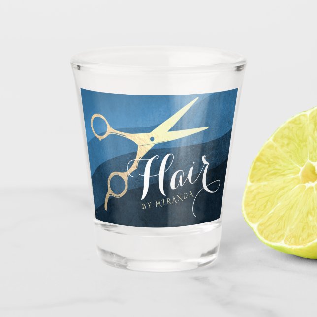 Hair Salon Hairstylist Modern Blue & Gold Scissors Shot Glass (Front)