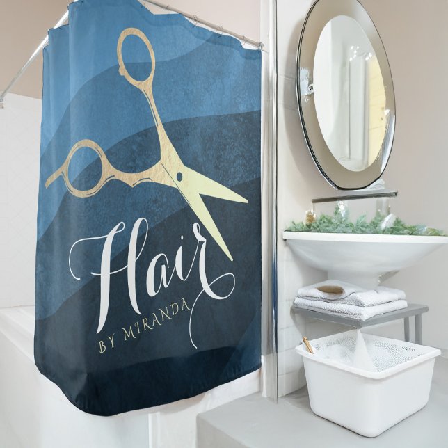 Hair Salon Hairstylist Modern Blue & Gold Scissors Shower Curtain (Creator Uploaded)
