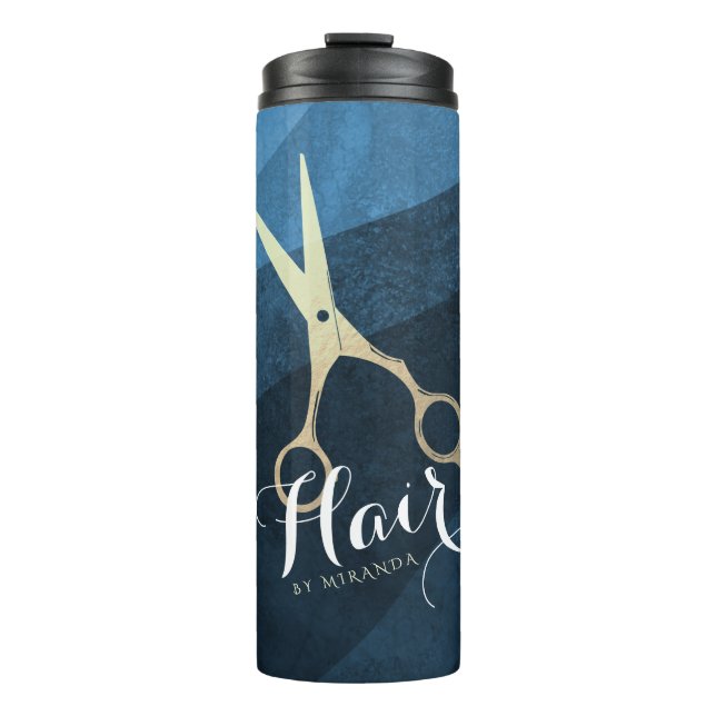 Hair Salon Hairstylist Modern Blue & Gold Scissors Thermal Tumbler (Front)