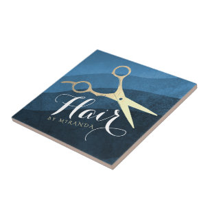 Hair Salon Hairstylist Modern Blue & Gold Scissors Tile