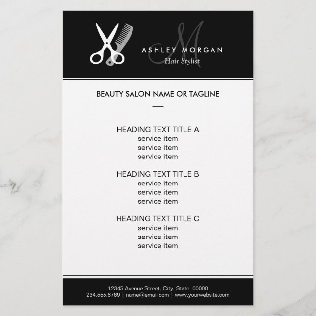Hair Salon Hairstylist Simple Black White Monogram Flyer (Front)