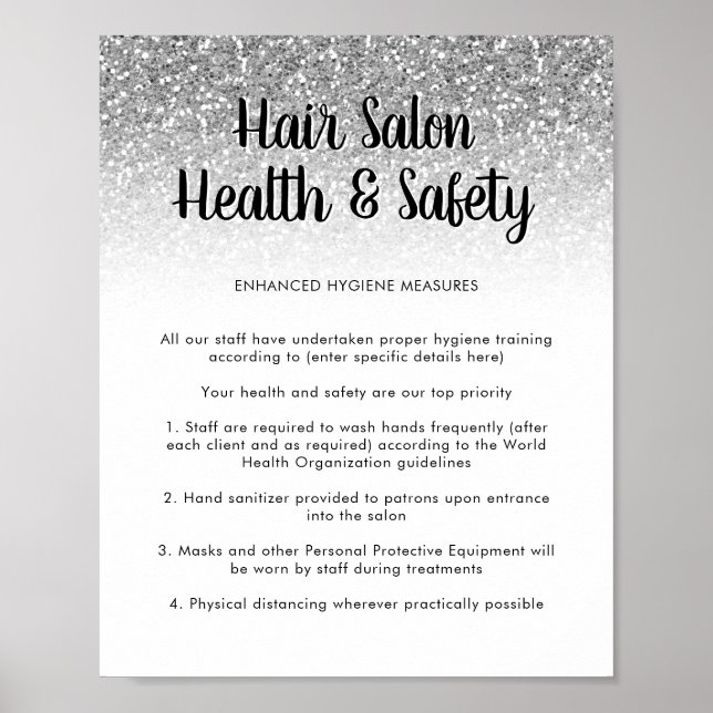 Hair Salon Health Safety Poster Silver Glitter (Front)