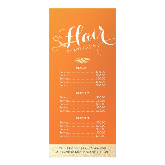 Hair Salon Makeup Orange Gold Scissors Price List Rack Card (Front)