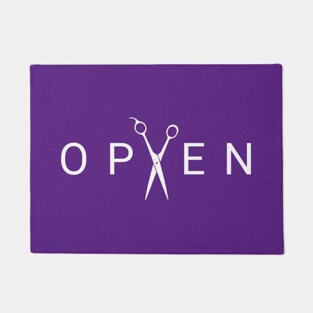 Hair Salon Minimalist Scissor Open Purple Welcome Doormat (Front)