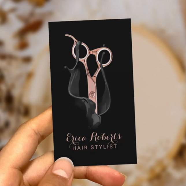 Hair Salon Modern Black & Rose Gold Hair Stylist Business Card (Creator Uploaded)