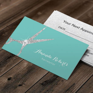 Hair Salon Modern Silver Scissor Teal Appointment Card