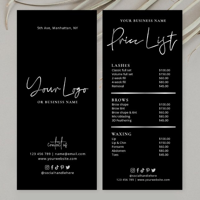 Hair Salon Nails Spa Black & Silver Glam Pricing Rack Card (Creator Uploaded)