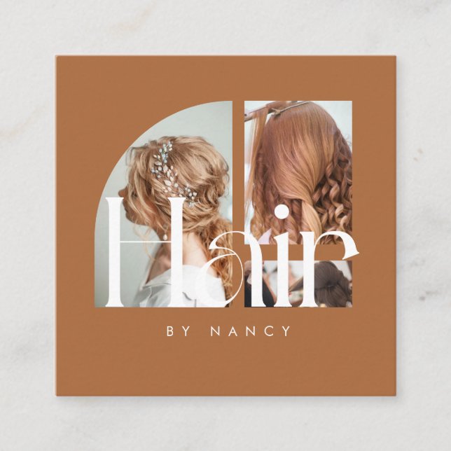 Hair Salon Photo Collage Terracotta  Square Business Card (Front)