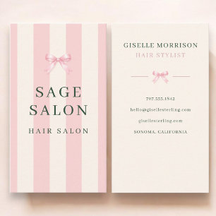 Hair Salon Pink and Green Striped Preppy Bow Business Card