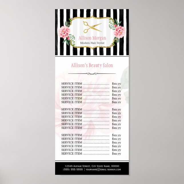 Hair Salon Price List Blush Pink Gold Chic Floral Poster (Front)