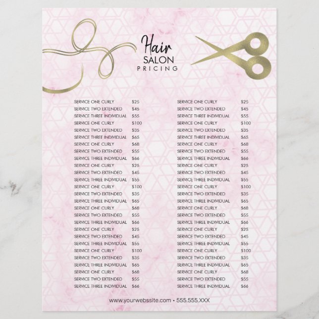 Hair Salon Pricing List Marble Pink Gold Flyer (Front)