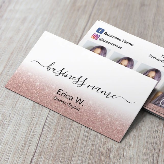 Hair Salon Rose Gold Glitter Photo Collage Business Card (Creator Uploaded)