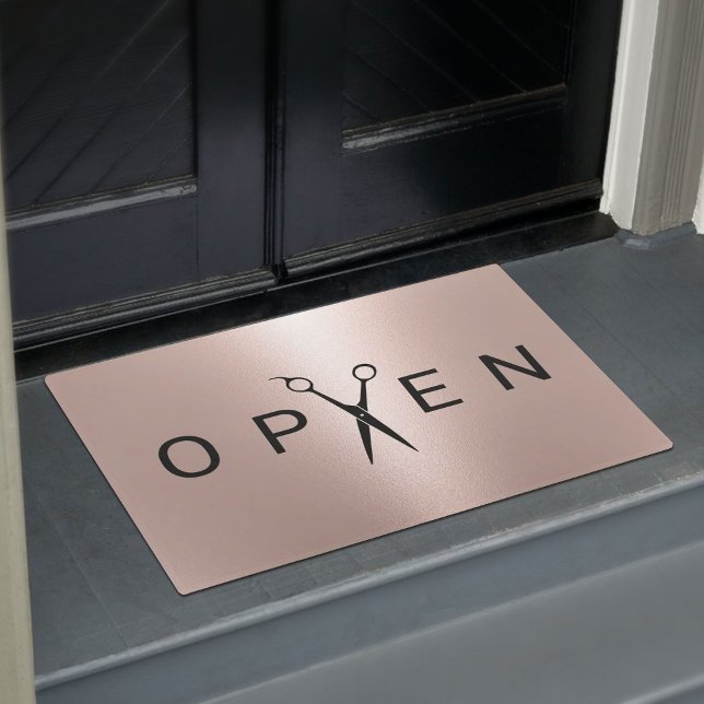 Hair Salon Rose Gold Scissor Open Welcome Doormat (Creator Uploaded)