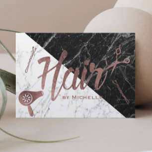 Hair Salon Rose Gold Script Black & White Marble Business Card