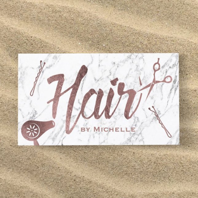 Hair Salon Rose Gold Typography White Marble Business Card (Creator Uploaded)