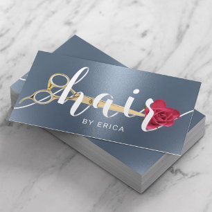 Hair Salon Scissor & Flower Typography Dusty Blue Business Card