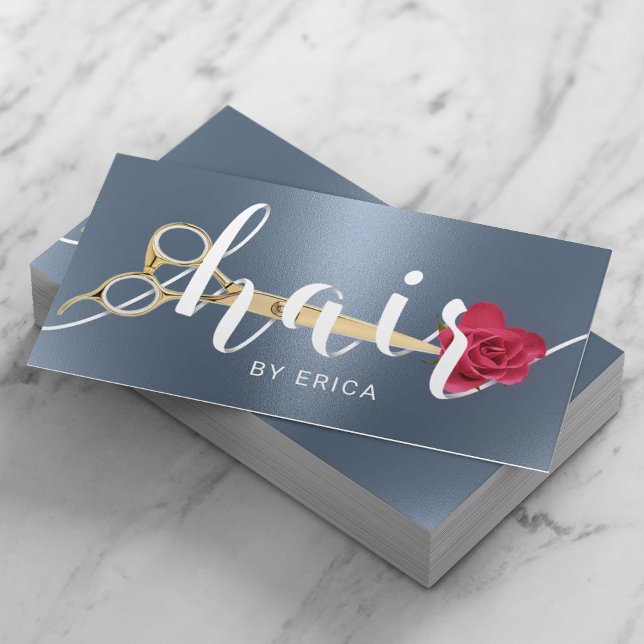 Hair Salon Scissor & Flower Typography Dusty Blue Business Card (Creator Uploaded)