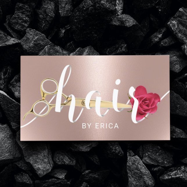 Hair Salon Scissor & Flower Typography Rose Gold Business Card (Creator Uploaded)