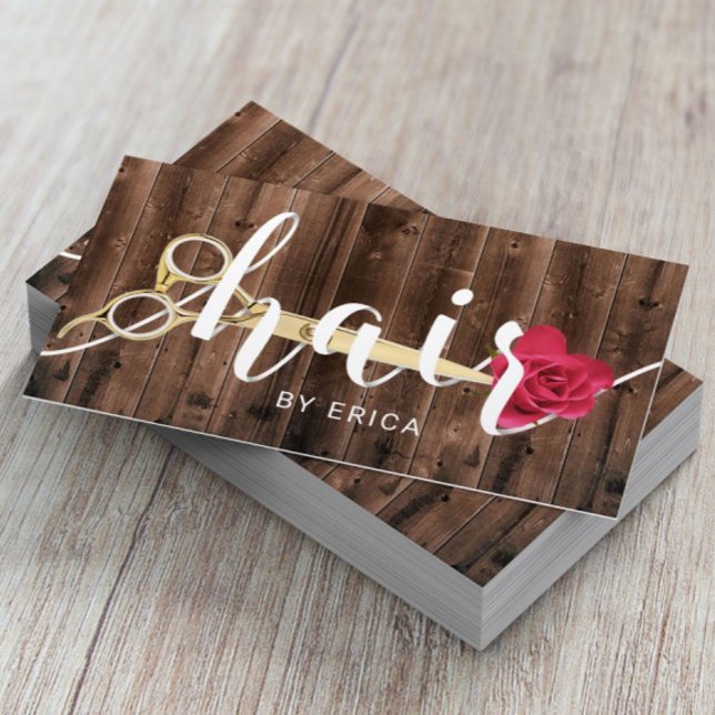 Hair Salon Scissor & Flower Typography Rustic Wood Business Card (Creator Uploaded)