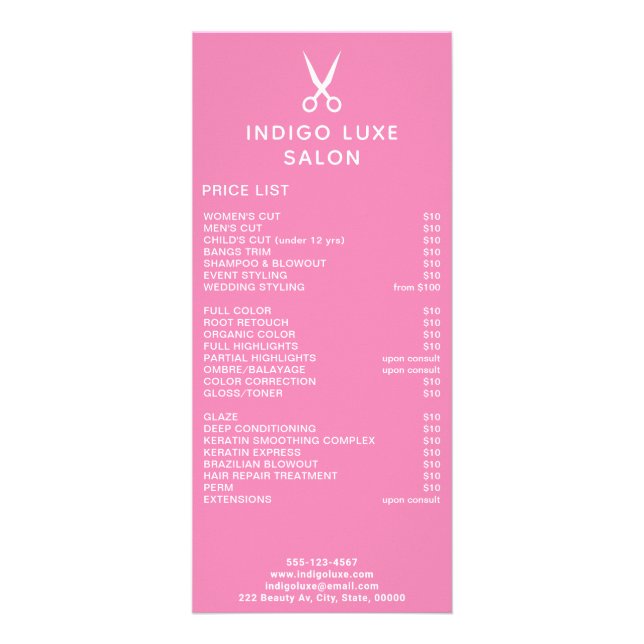 Hair Salon Scissors Dark Pink Service Price List Rack Card (Front)