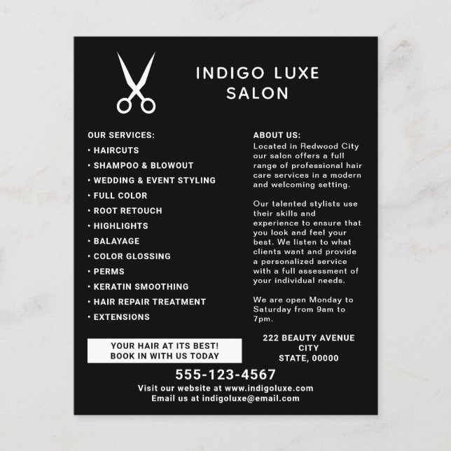 Hair Salon Scissors Modern Black Marketing Flyer (Front)