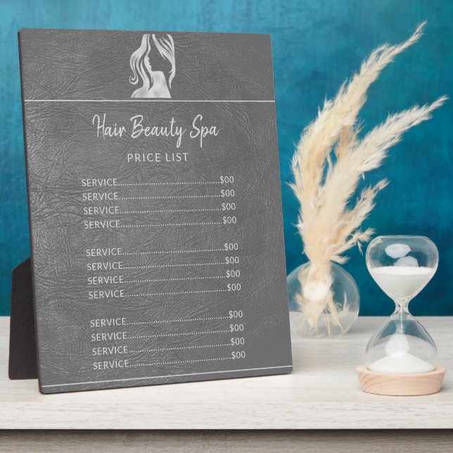 Hair Salon Silver Grey Leather Look Price List Plaque (Side)