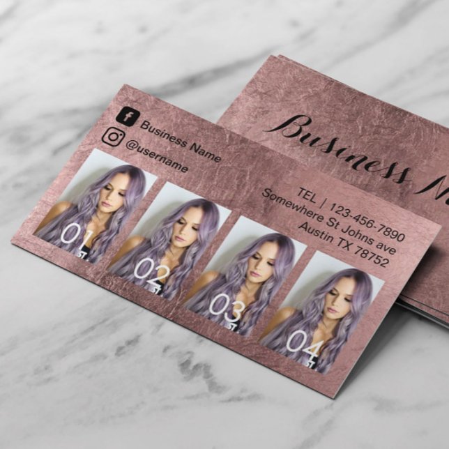 Hair Salon Social Media Photo Collage Rose Gold Business Card (Creator Uploaded)