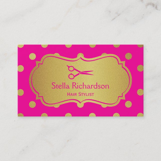 Hair Salon Stylist - Charming Hot Pink Gold Dots Business Card (Front)