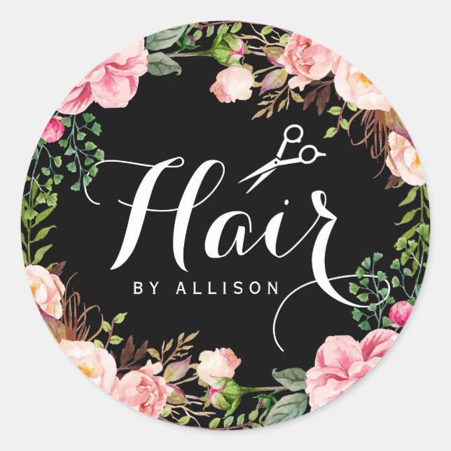 Hair Salon Stylist Typography Floral Wrapping Classic Round Sticker (Front)