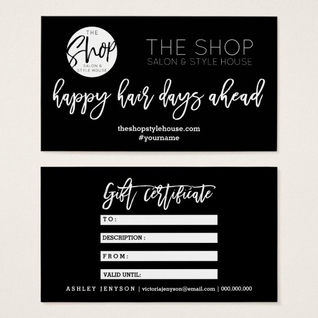Hair script elegant typography gift certificate (Front & Back)
