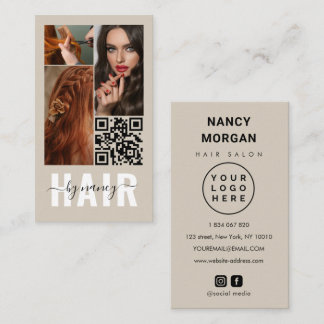Hair Script Photo Collage Logo Qr Code Beige Business Card