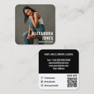 Hair Styist Template Black Qr Code Social Media Square Business Card