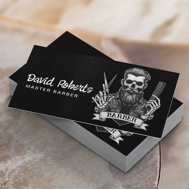 Hair Stylist Barber Skull Barbershop Plain Black Business Card (Creator Uploaded)